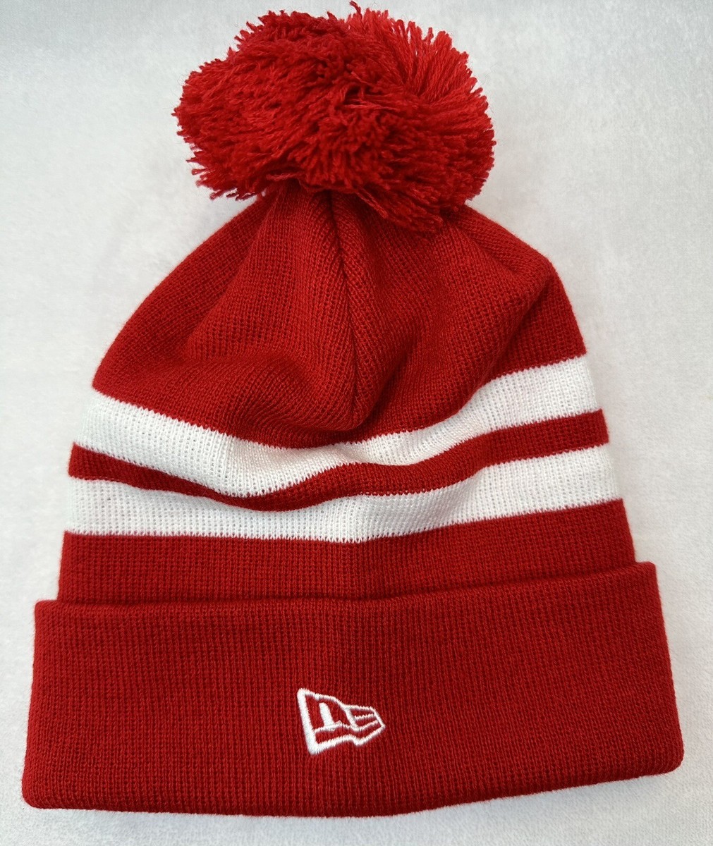 New Era Red & White Striped Beanie One Size Knit Hat Cap With Pom