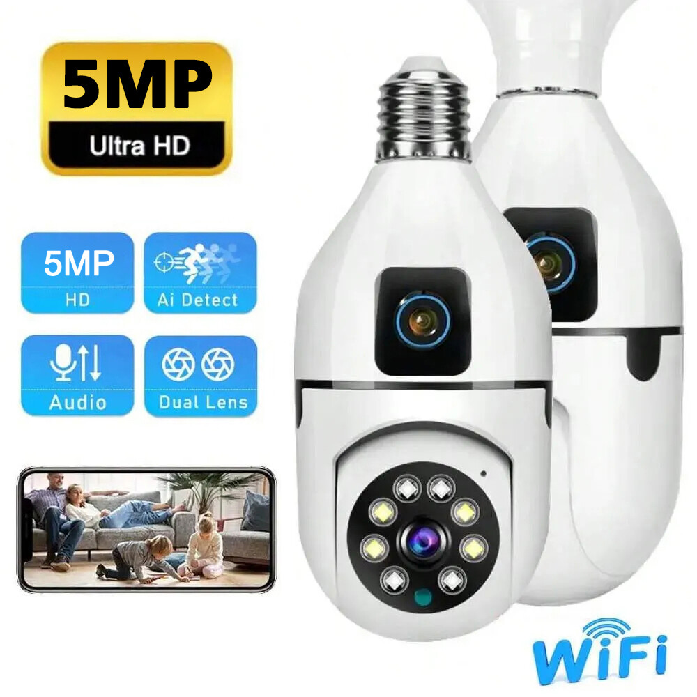 1080P Dual Lens Light Bulb Camera WiFi Wireless Home Security IR Night Vision