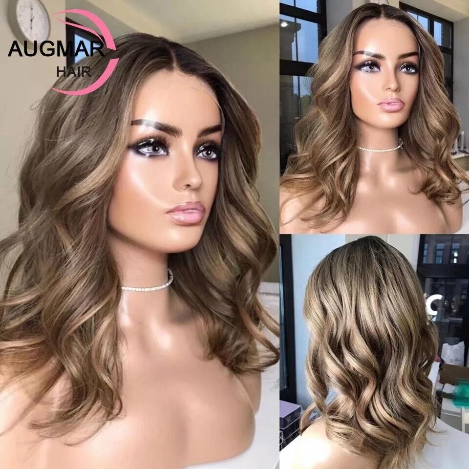 Lace Front Wigs Long Human Hair Pre Plucked Brown Mixed Blonde Balayage  Highlight Brazilian Wigs Glueless 150% Density T Part Bleached Knots Can Be  Restyled (24 inches) 