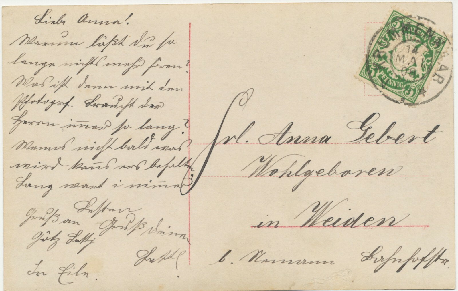 Bavaria local stamp Krummennaab K2 1908 extremely rare on RP AK