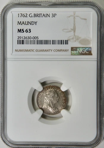 1762 Great Britain 3P Pence Maundy – NGC MS63 – Wonderful Eye Appeal