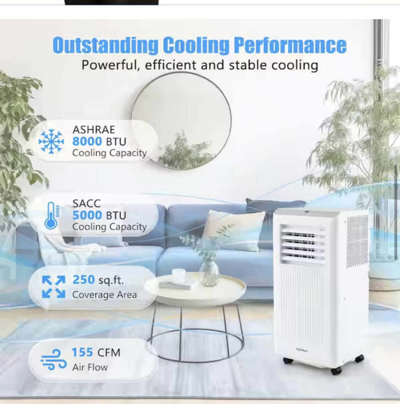 5000 (DOE) BTU Portable Air Conditioner Cools 250 Sq.Ft.W