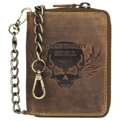 Greenburry Vintage Leder Reißverschluss Geldbörse Portemonnaie mit Kette Skull