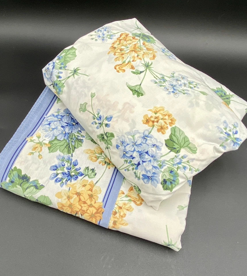 Sábanas planas y ajustadas vintage SPRINGS King de la década de 1990 geranios florales azules amarillos EE. UU. Foto 2 de 4