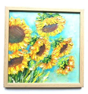 Goldene Sonnenblumen Öl Gemälde Original gelbe Blumen.Mit Rahmen.20x20 cm - Bild 1 von 4