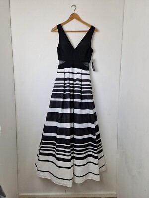 Xscape Damen-Ballkleid schwarz-weiß gestreift Netzeinsatz Taille neu mit Etikett UK 8