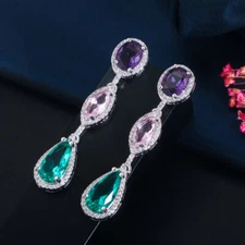 Silver Plated CZ Long Dangle Drop Earring Bridal Wedding Fashion Brand Jewelry