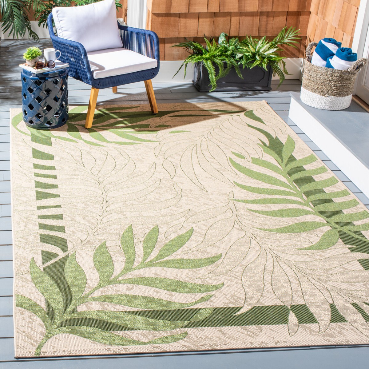Tappeto Rettangolare Safavieh Beach House BHS121Y 258 X 366 Cm - Verde/Crema - Interno/Esterno, Antimacchia, Adatto A Bambini E Animali