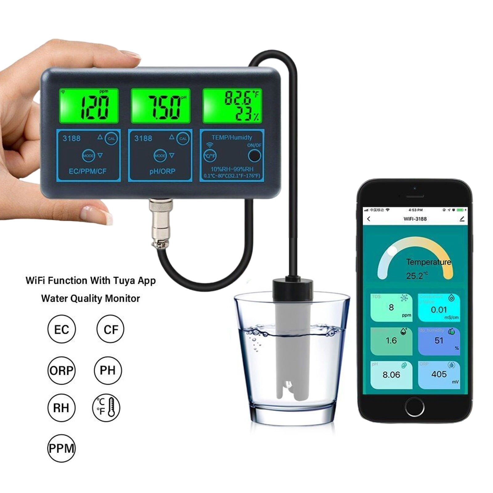 Smart Monitor Fish Tank WIFI SPA Pool Water Quality Meter PH ORP EC PPM Tester