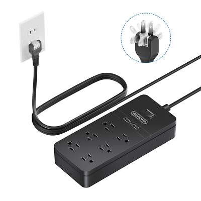 2-Prong Surge Protector Power Strip 10ft Cord 6 Outlets 2 USB 2100J