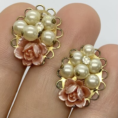 VTG VICTORIAN REVIVAL PINK ROSE FAUX PEARL CRYSTAL EARRINGS GOLD SCREW BACK 7/8 