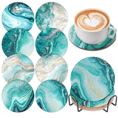 8 Pcs Ocean Diamond Art Painting Coasters with Holder, DIY Ocean Marble Ocean