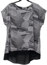 Cato Women's Geometric Sheer Lined Sleeveless Tunic Top L Black White Split Back
