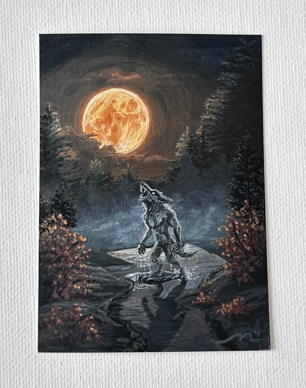 ACEO OOAK Original Art Halloween Werewolf Forest Moon Spooky by melodie-maker
