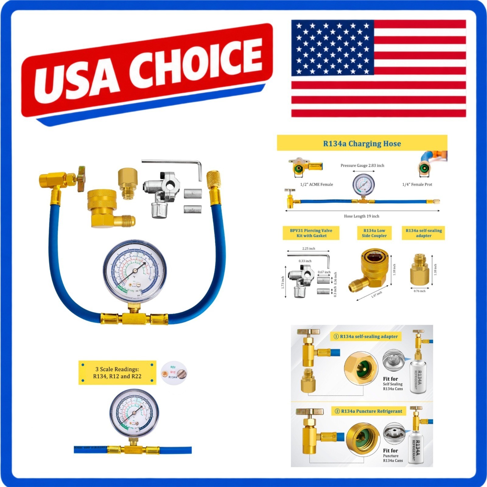 R134a Refrigerant Charging Hose with Gauge & BPV31 Piercing Valve Kit
