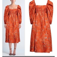 Ulla Johnson Size 2 Leilani Orange Floral Square Neck Puff Sleeve Midi Dress