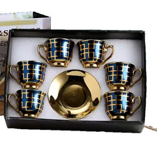 12 Piece Porcelain Espresso Cups 80ml & Saucer Set - Blue And Gold, In Gift Box