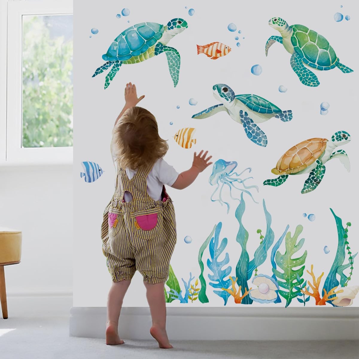 Stickers Muraux Tortue Marine pour Chambre Enfant Déco Sous la Mer Bleu
