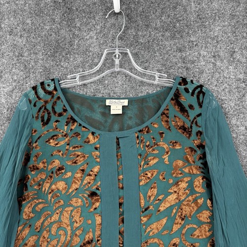 Lucky Brand Women’s Small Green & Brown Floral Velvet Burnout Top Sheer Whimsy - Picture 2 of 12