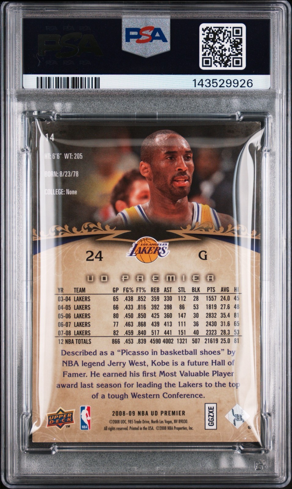 2008-09 Upper Deck UD Premier Kobe Bryant /99 PSA 8 Pop 6, 6 Higher Mamba #14 view 2