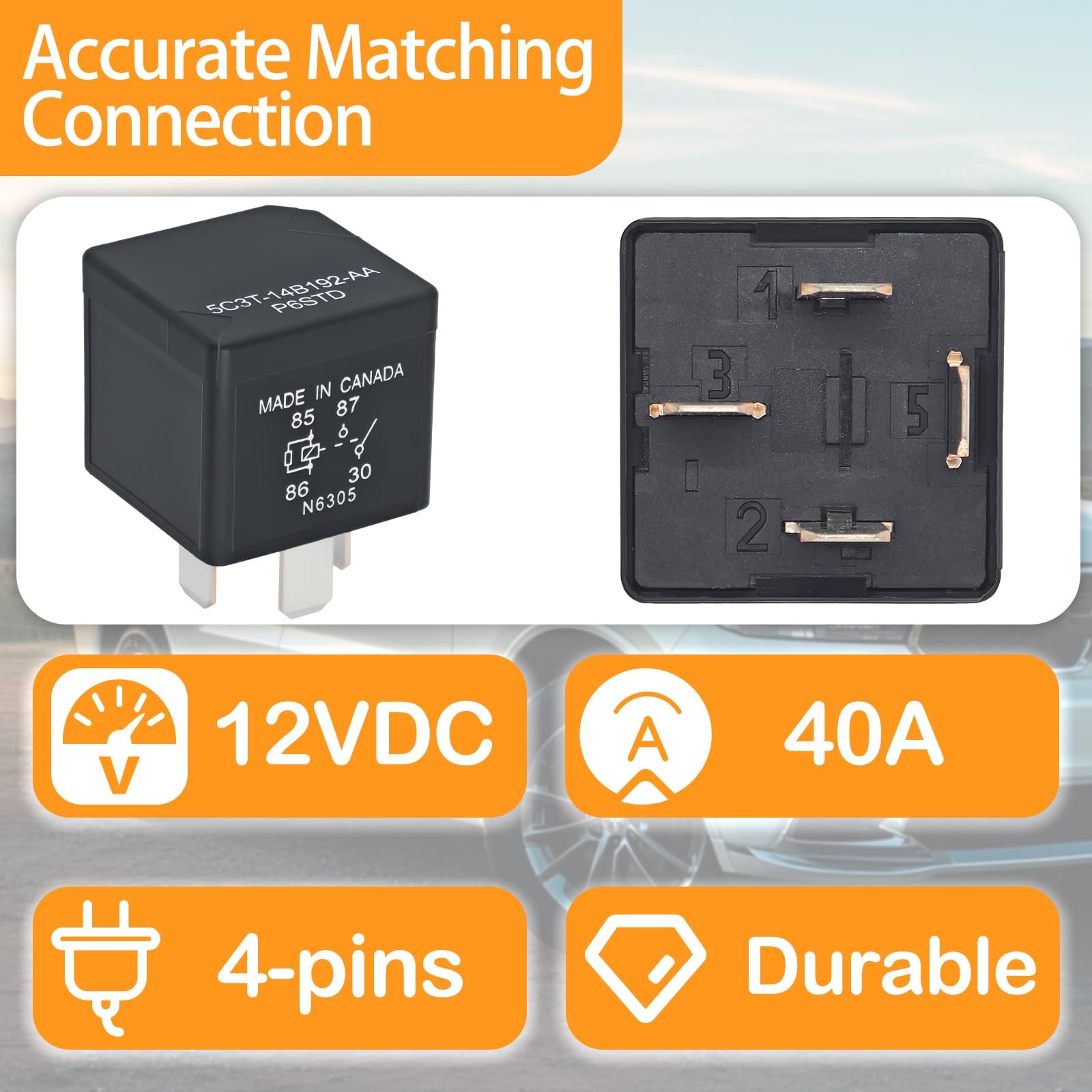 5C3T-14B192-AA P6STD Automotive Power Relay (Pack of 2) – 12V 40A 4-Pin SPNO ...
