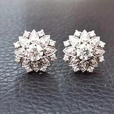 2Ct Round Cut Real Moissanite Womens Cluster Stud Earrings 14k White Gold Plated