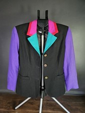Vintage Carole Little Wool Blazer Bright Black Pink Purple Jacket 90s 80s