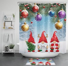 Colorful Xmas Ball Red Christmas Gnome Shower Curtain Bathroom Accessories Set
