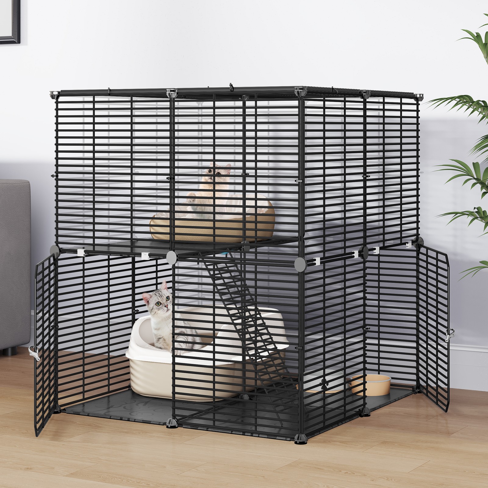 28" Cat Cage 2-tier Pet Playpen with Ladder and Buckles Metal Crate for Kitten