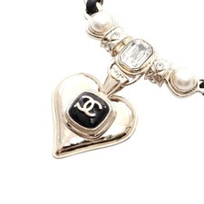 Chanel Heart Necklace Leather Faux Pearl Women Gold One Size