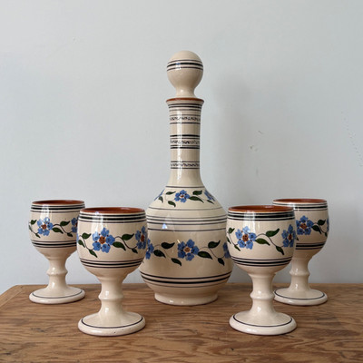 Vintage Knossos Zypern Keramik Karaffe 4 Kelche Set Handarbeit Griechische Keramik 5tlg