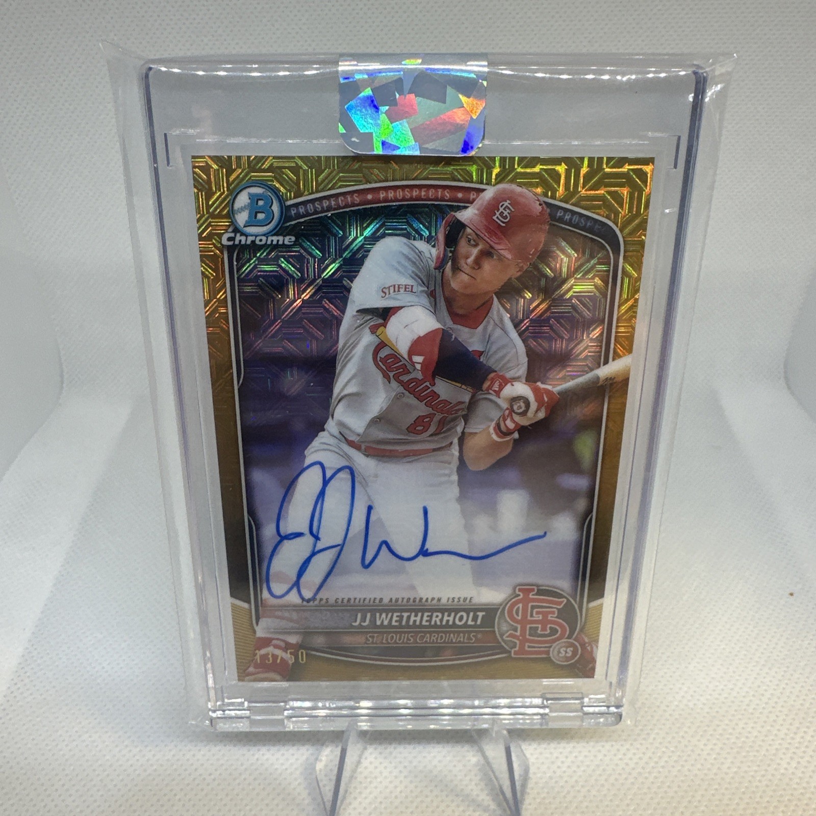 JJ Wetherholt 2025 Bowman Chrome Autograph Mojo Gold Refractor 13/50 Cardinals