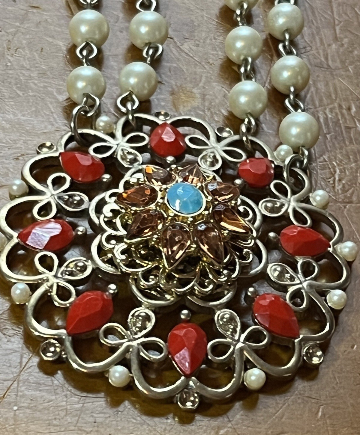 Vintage Carolee Signed Faux Pearl Gemstone Filigree Medallion Necklace 20” RARE image 6