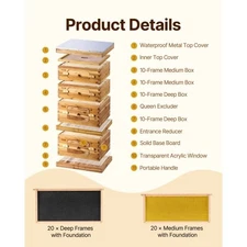 VEVOR Bee Hive 40 Frame Bee Hives Starter Kit, Beeswax Coated Fir Wood, 2 Deep +