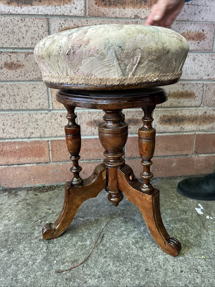 Victorian Mahogany Upholstered Carved Piano Stool Flute columns 3 Splayed Legs — 第 3/4 张图片