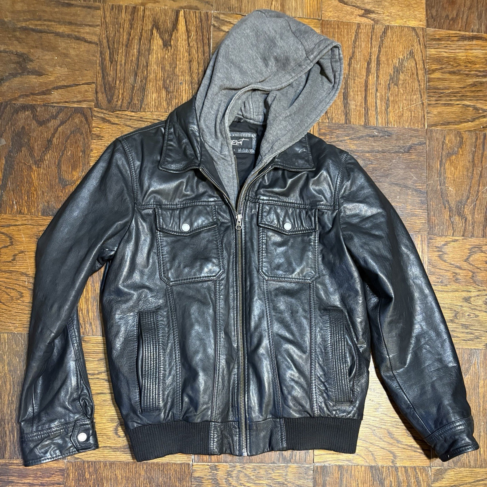 Black Rivet Men’s Genuine Leather L Bomber Moto Jacket Quilted Detachable Hood