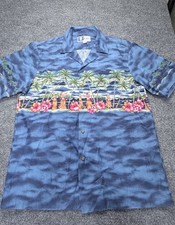 Vintage RJC Men Blue Hawaiian Aloha Shirt Palm Hula Girl Print Medium USA Made