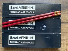 Berol Verithin Thin Lead Colored Pencils 2745 Carmine Red Lot of 36 w/Erasers