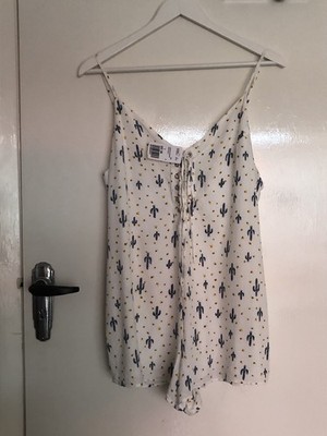Forever 21 White Cactus Print Lace-up Front Playsuit Large BNWT