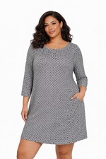 Plus Size Black White Geometric Knit A-Line Dress Round Neck 3/4 Sleeve Short