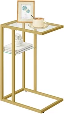 C Shaped End Table, Tempered Glass Snack Side Table with Metal Frame, TV Tray fo