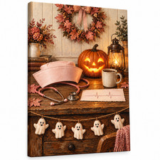 Nurse Halloween Wall Art Pink Stethoscope Pumpkin Ghost Canvas Medical Fall Deco