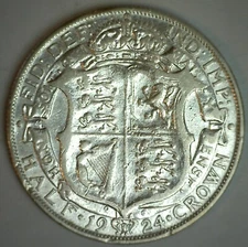 1924 Great Britain 50% Silver 1/2 Crown Coin Circulated Very Fine George V Clean