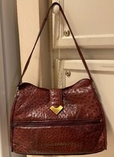 Vintage Deep Burgundy Corbeau Genuine Ostrich Skin Shoulder Bag Large Purse