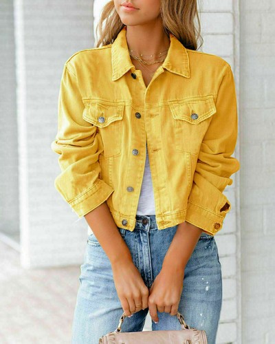 Women Denim Jacket Trend UK 8-14 Short Jeans Stretch Coat Button Long Sleeve Top - Picture 13 of 16