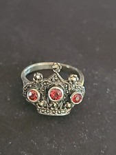 Vintage 925 Sterling Silver Garnet Marcasite Crown Band Ring Sz 7 3/4