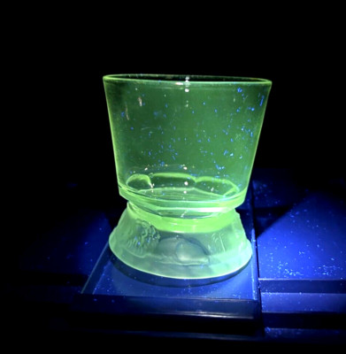 Vintage Lion Design Footed Spooner Vase Thick Glass, Has a Green Manganese Glow