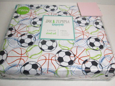 NEW Jak & Jemma Home 3 Piece Twin Sheet Set IN THE GAME  Sport Balls New