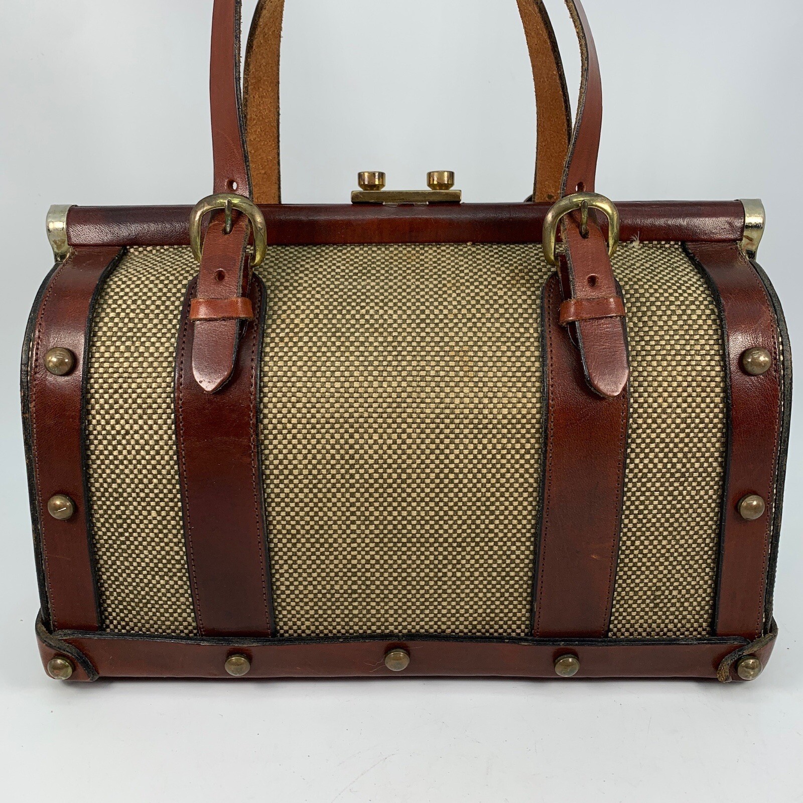 Vintage John Romain Doctors Satchel Handbag Purse Tweed Leather Brass