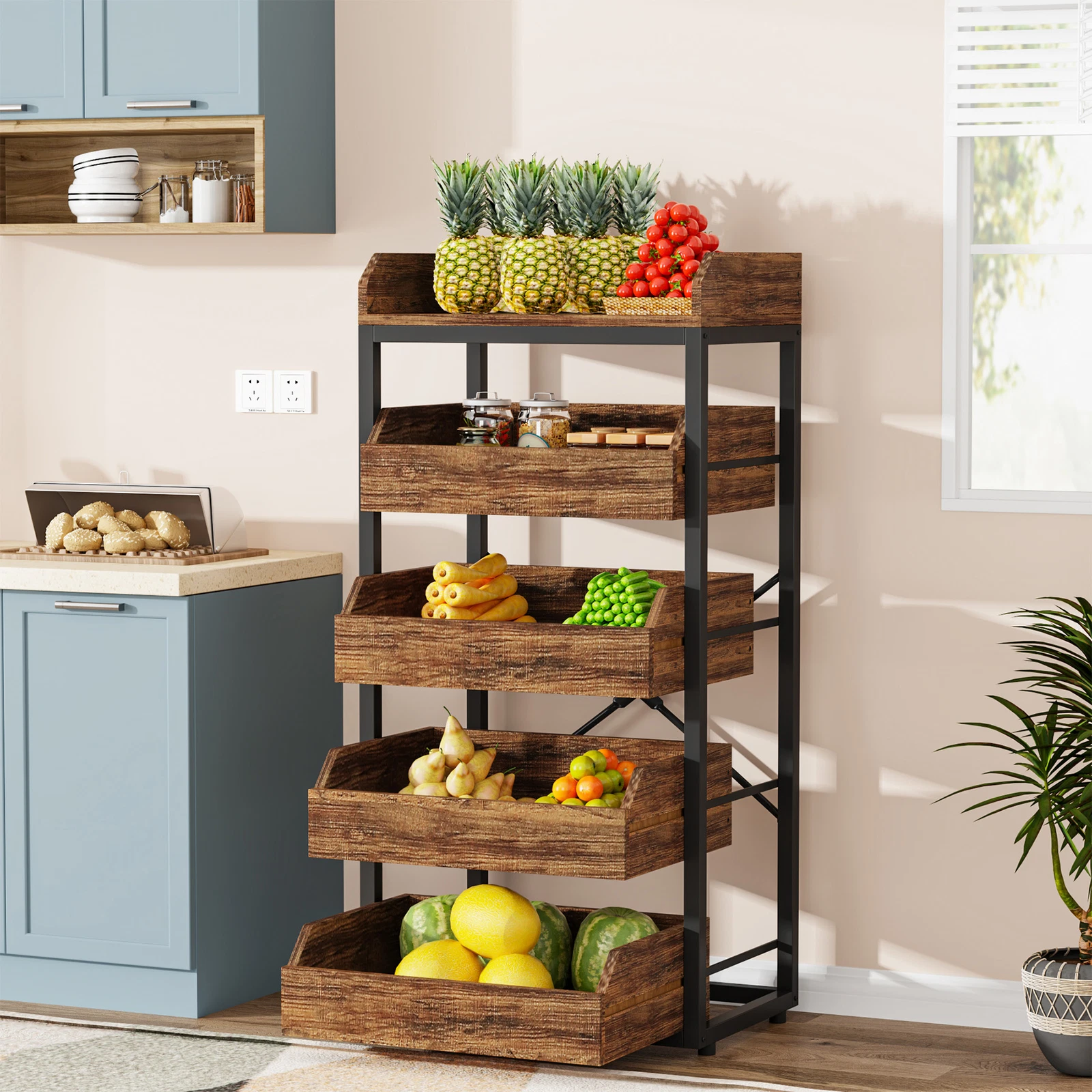 5-Tier Wood Fruit Vegetable Storage Rack, Home Kitchen Utility Shelf Organizer